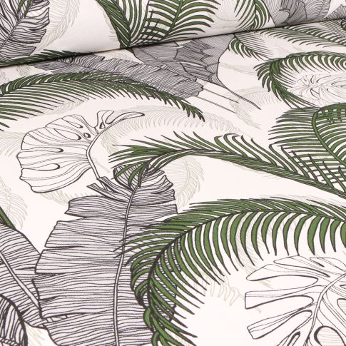 Tissu Toile de Coton Feuilles de palmiers grises et vertes sur fond Blanc