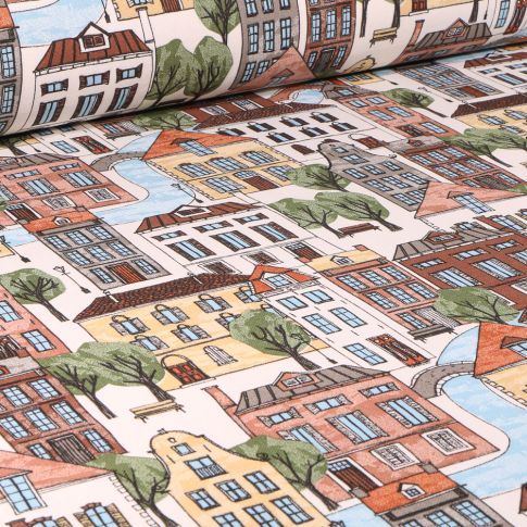 Tissu Toile de Coton City sur fond Ecru
