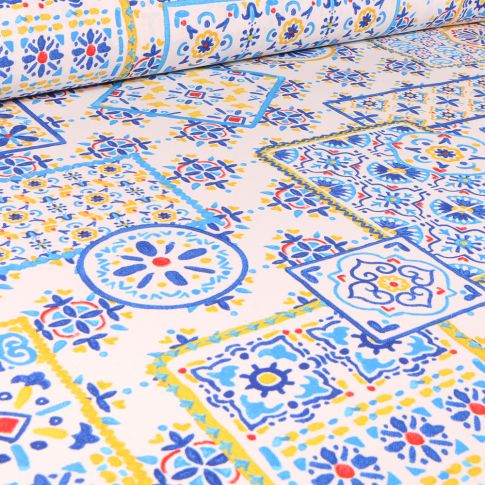 Tissu Toile de Coton Motifs pavés de ciment sur fond Blanc