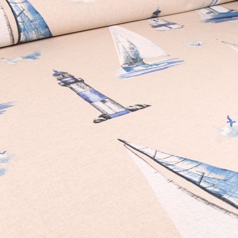Tissu Toile de Coton Voiliers et phares sur fond Naturel
