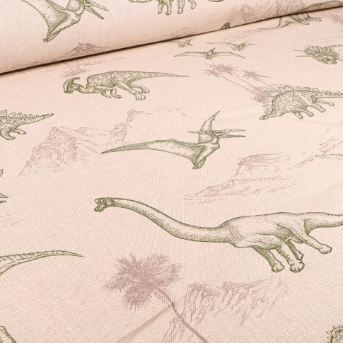 Tissu Toile de Coton Dinosaures sur fond Naturel