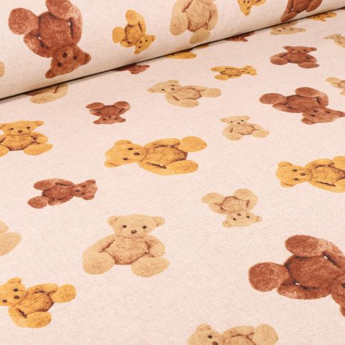 Tissu Toile de Coton Nounours en peluche sur fond Naturel