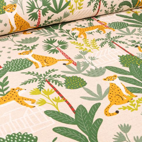 Tissu Toile de Coton Jaguar jungle sur fond Naturel