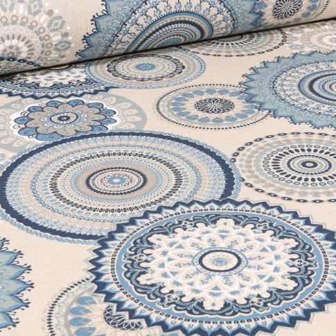 Tissu Toile de Coton Mandala bleu sur fond Beige