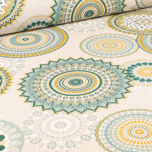 Tissu Toile de Coton Mandala vert sur fond Beige