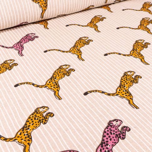Tissu Toile de Coton Jaguars colorés et rayures sur fond Naturel