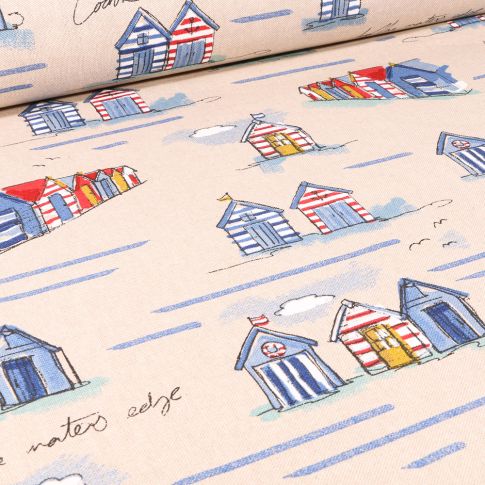 Tissu Toile de Coton Cabanes de plage sur fond Naturel