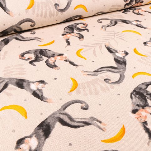 Tissu Toile de Coton Singes et bananes sur fond Naturel