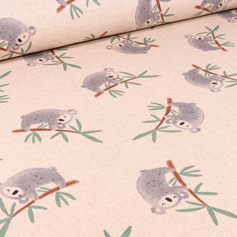 Tissu Toile de Coton Koala et bambou sur fond Naturel