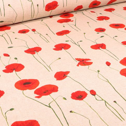 Tissu Toile de Coton Coquelicots sur fond Naturel