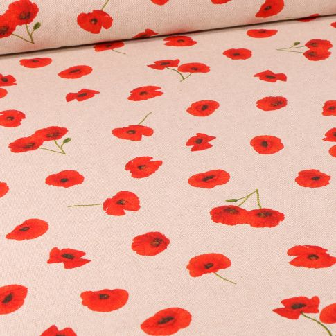 Tissu Toile de Coton Coquelicots Poppies sur fond Naturel