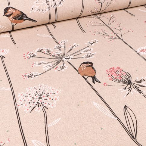 Tissu Toile de Coton Rouge-gorge  et fleurs sur fond Naturel