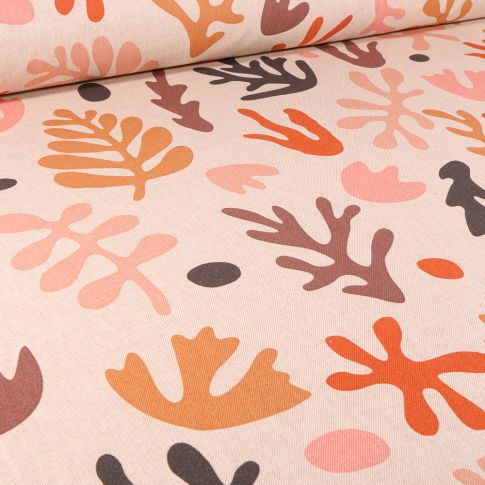 Tissu Toile de Coton Coraux sur fond Naturel