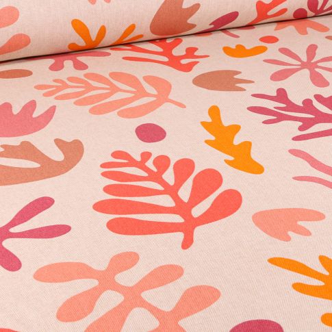 Tissu Toile de Coton Coraux colorés sur fond Naturel