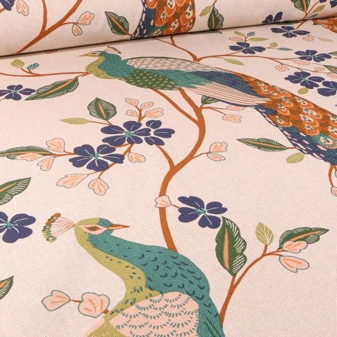 Tissu Toile de Coton Paons majestueux sur fond Naturel