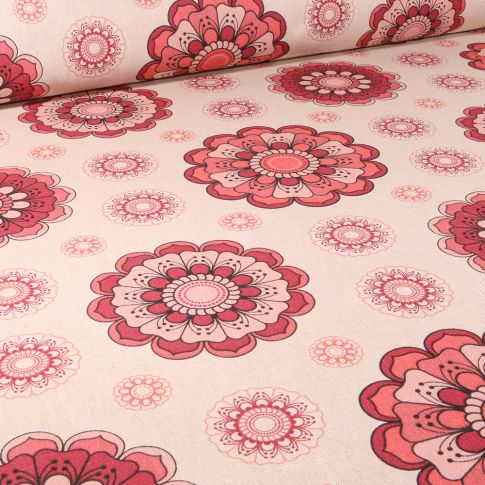 Tissu Toile de Coton Rosaces rose sur fond Naturel