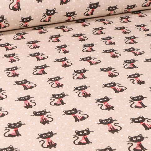 Tissu Toile de Coton Cat & dots sur fond Naturel