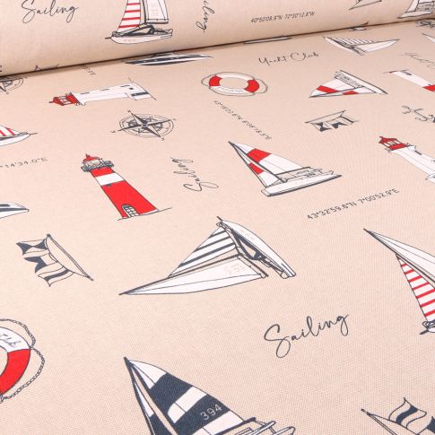Tissu Toile de Coton Sailing Phares et bateaux sur fond Naturel