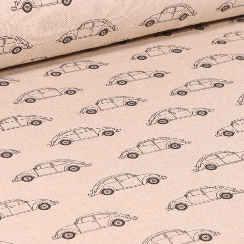 Tissu Toile de Coton Wolkswagen coccinelle sur fond Naturel