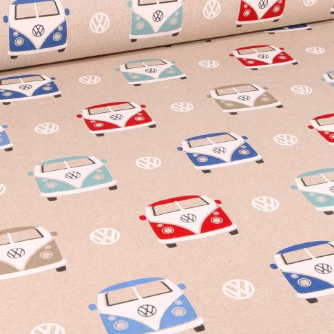 Tissu Toile de Coton Wolkswagen combi bleu, blanc et rouge sur fond Naturel