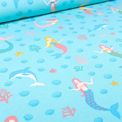 Tissu Toile de Coton Ottoman Sirènes et dauphins sur fond Bleu turquoise