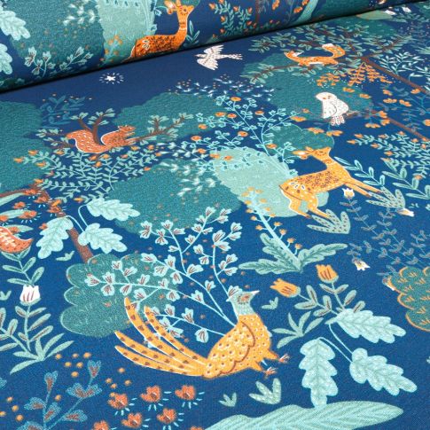 Tissu Toile de Coton Ottoman Paon et biches sur fond Bleu foncé
