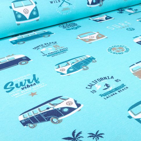 Tissu Toile de Coton Ottoman sous licence Van Volkswagen surf vibes sur fond Bleu turquoise