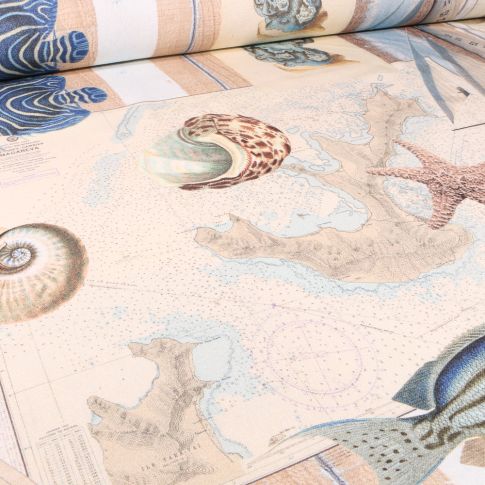 Tissu Toile de Coton Demi-Panama Premium Coquillages et poissons sur fond Naturel