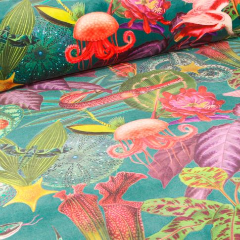 Tissu Velours d'ameublement Deluxe Octopus sur fond Vert émeraude