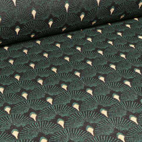 Tissu Jacquard Plumes de paons dorées sur fond Vert émeraude