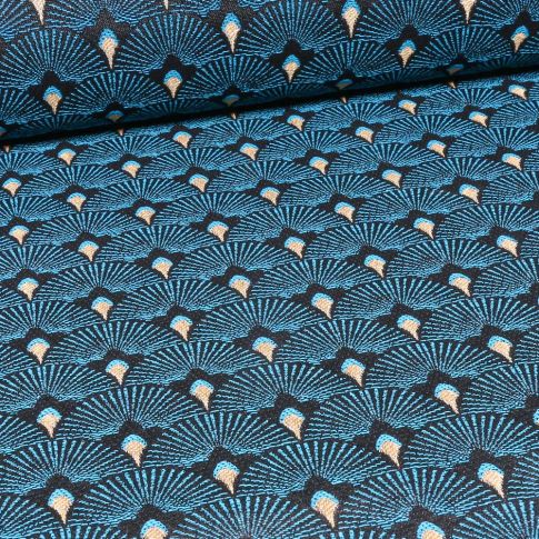 Tissu Jacquard Plumes de paons dorées sur fond Bleu turquoise