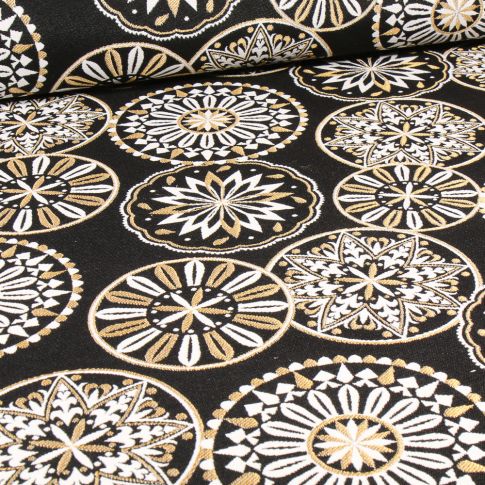 Tissu Jacquard Color métallic rosace sur fond Noir