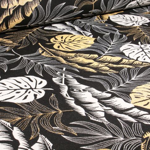 Tissu Jacquard Color métallic feuilles sur fond Noir