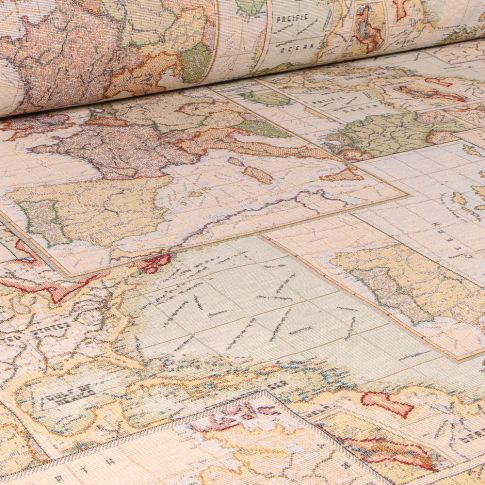 Tissu Jacquard Gobelin Carte du monde sur fond Beige