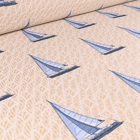 Tissu Jacquard Gobelin Voiliers bleus sur fond Beige