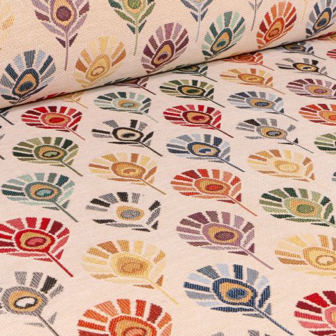 Tissu Jacquard Gobelin Plumes de paons multicolores sur fond Ecru