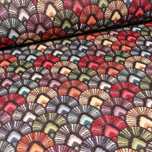 Tissu Jacquard Gobelin Ecailles colorés sur fond Noir
