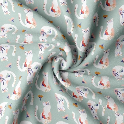 Tissu Jersey Coton Tacha rouge sur fond Bleu céladon