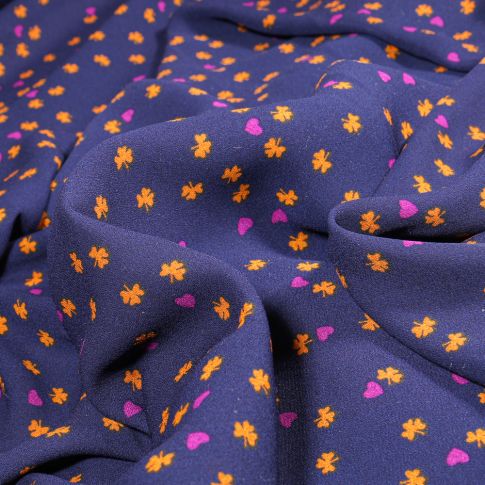 Tissu Crêpe georgette Trèfles sur fond Bleu marine