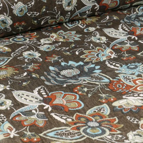 Tissu Viscose légère Fleurs colorés  sur fond Vert kaki