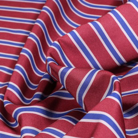 Tissu Viscose Rayures bleues sur fond Bordeaux