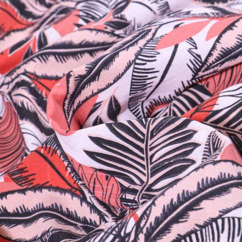 Tissu Coton imprimé Feuilles noires et rouges sur fond Blanc