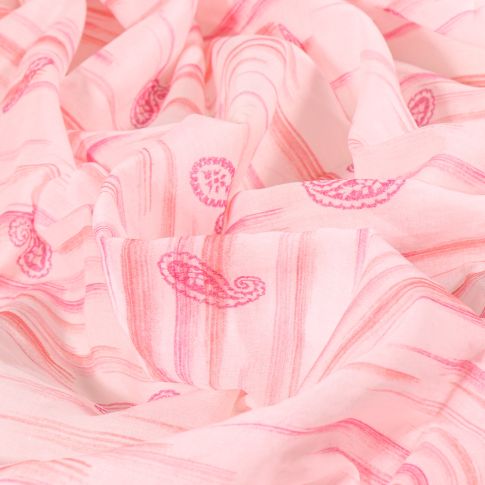 Tissu Voile de Coton Rayures et motifs cachemire sur fond Rose