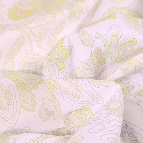 Tissu Voile de Coton Fleurs et rayures sur fond Blanc