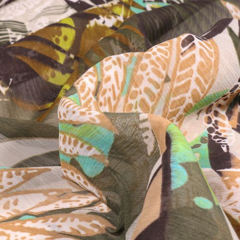 Tissu Mousseline Feuilles tropicales sur fond Vert kaki