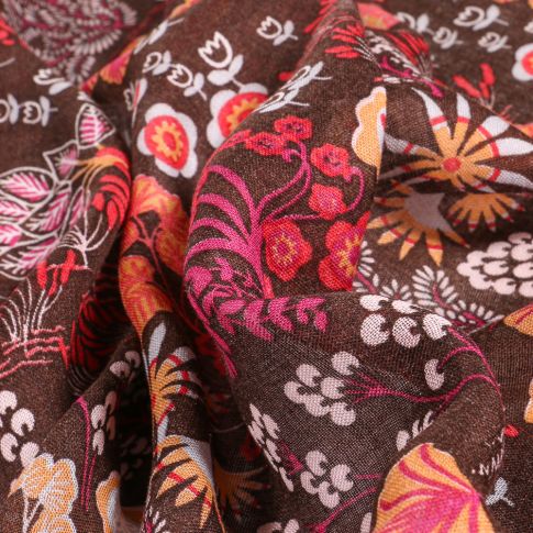 Tissu Viscose Arbres et fleurs sur fond Marron