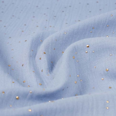 Tissu Double gaze Baya pois dorés sur fond Bleu ciel