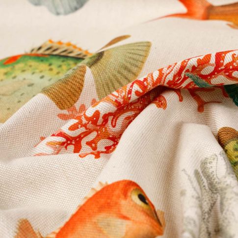 Tissu Toile de Coton Aquatique sur fond Ecru