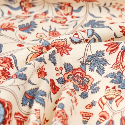 Tissu Coton imprimé Fleurs lilou sur fond Ecru