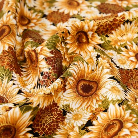 Tissu Coton imprimé Tournesols sur fond Noir